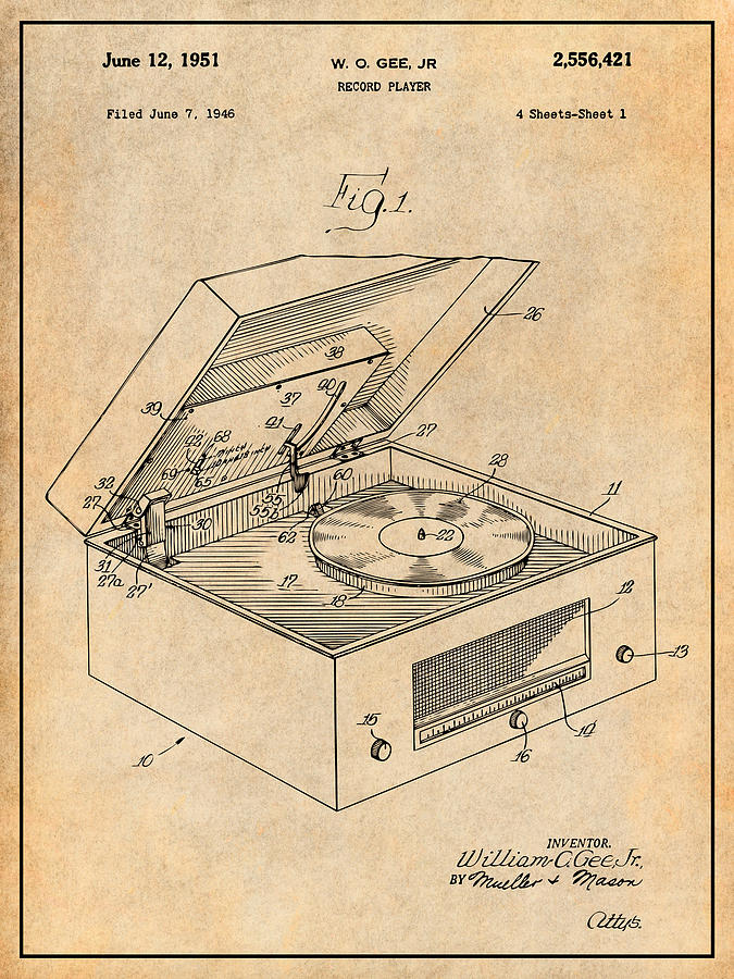1946 Record Player Antique Paper Patent Print Drawing by Greg Edwards