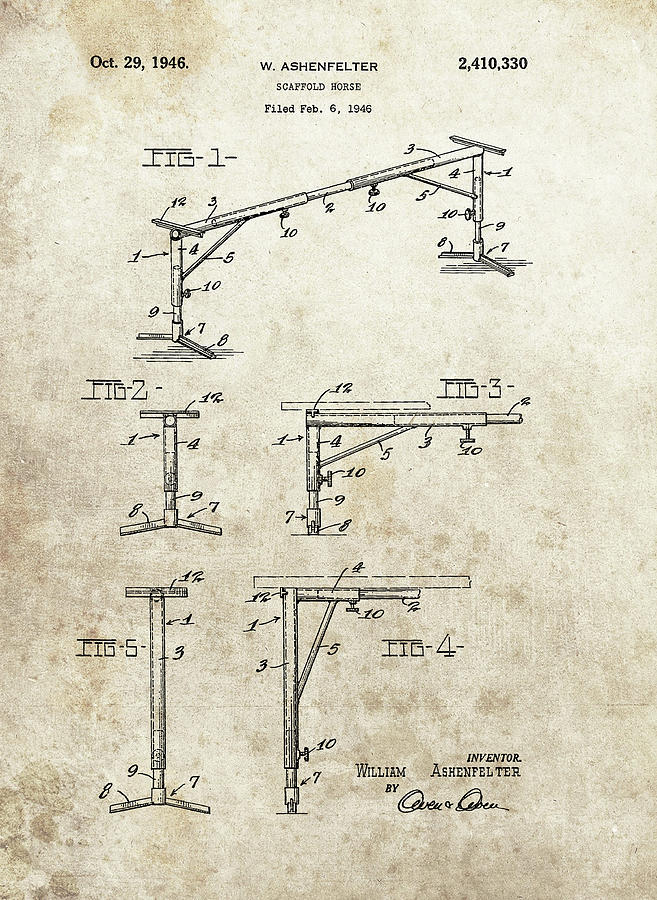 Saw Drawing - 1946 Scaffold Horse Patent by Dan Sproul