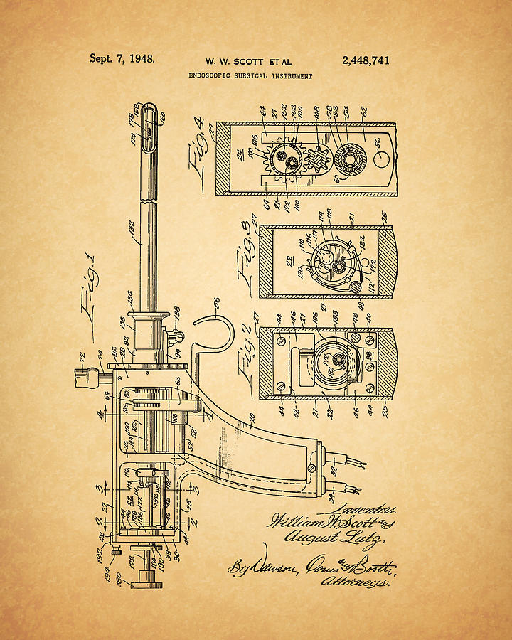 Endoscopy Drawing - 1948 Endoscopic Tool Patent by Dan Sproul