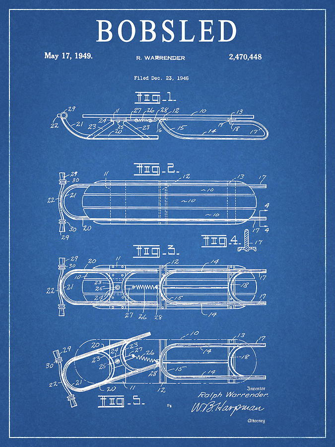 Winter Drawing - 1949 Bobsled Patent by Dan Sproul