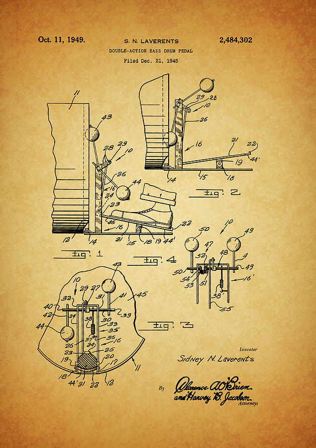 1949 Drum Pedal Patent Drawing by Dan Sproul