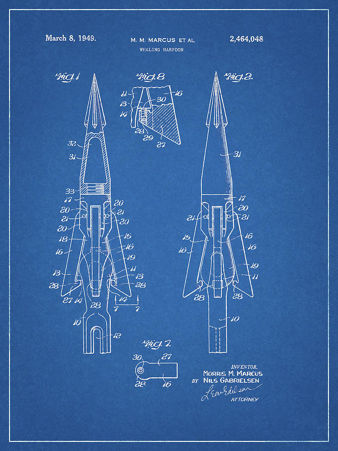 1949 Whaling Harpoon Patent Design Drawing by Dan Sproul