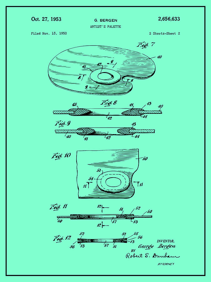 1950 Artist Palette Seafoam Green Patent Print Drawing by Greg Edwards