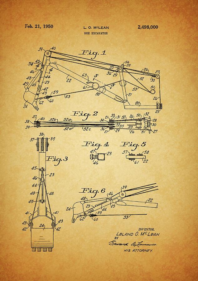 1950 Hoe Excavator Patent Drawing by Dan Sproul