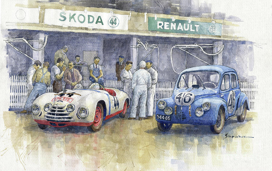 Transportation Painting - 1950 Le Mans 24 #44 Skoda 1101 Sport #46 Renault 4 CV  by Yuriy Shevchuk