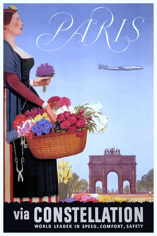 Paris Digital Art - 1950 PARIS Via Constellation Aircraft Travel Poster by Retro Graphics
