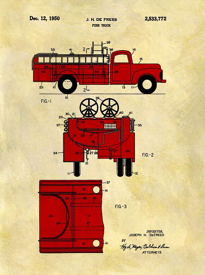 Fire Escape Drawing - 1950 Red Firetruck Patent by Dan Sproul