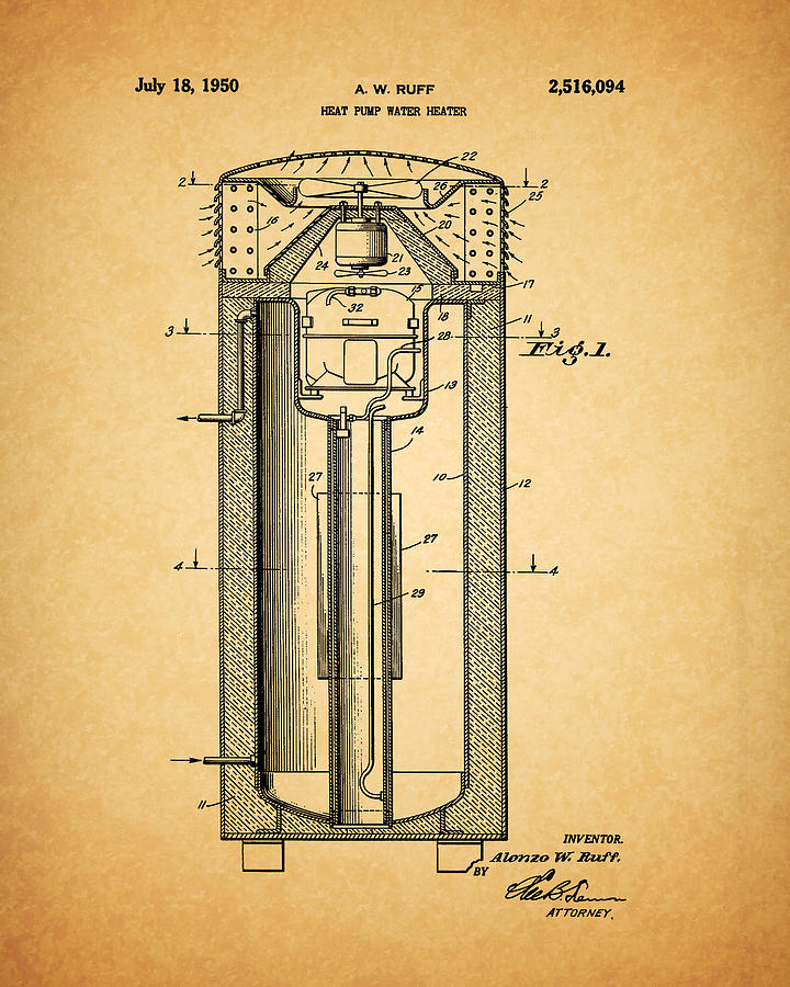 1950 Water Heater Pump Patent Drawing by Dan Sproul