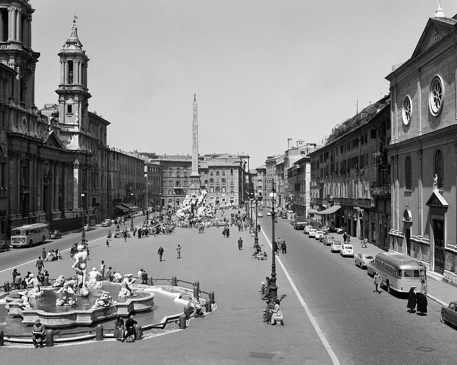 1950s 1960s Piazza Navona view of city square with fountains Rome Italy ...