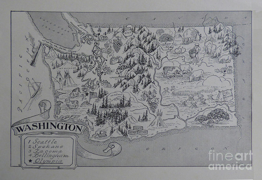 1950s Antique Washington Animated Picture Map Drawing by Charles Robinson