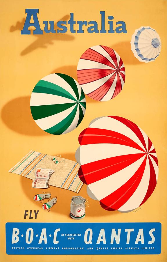 Vintage Travel Digital Art - 1950s Australia Sunshine And Surf BOAC Qantas Advertising Poster by Retro Graphics