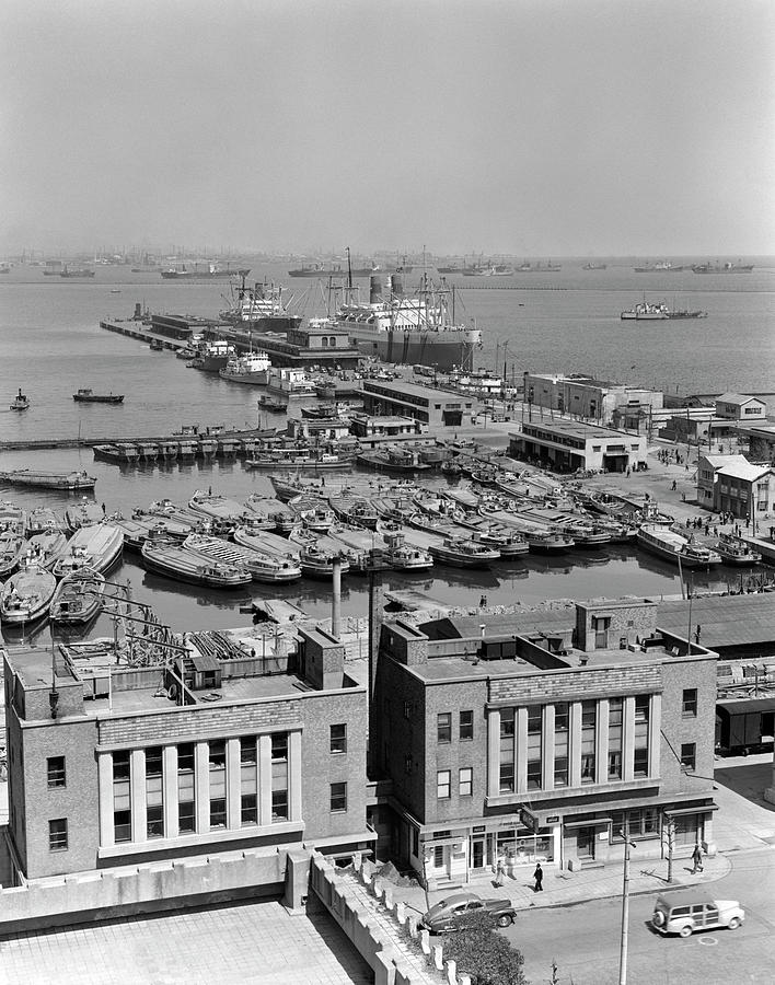 1950s docks and pier harbor of Yokohama Japan Photograph by Panoramic Images 1950s docks and pier harbor of Yokohama Japan Photograph by Panoramic Images