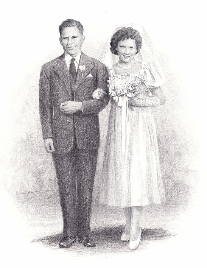 1950s Newlywed Parents Pencil Portrait Drawing by Mike Theuer