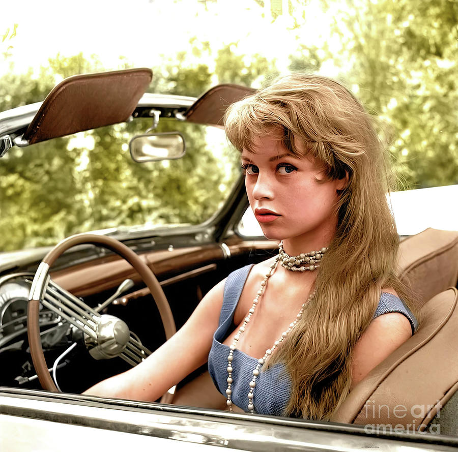1950s photo of Brigitte Bardot in Simca convertible Photograph by Retrographs