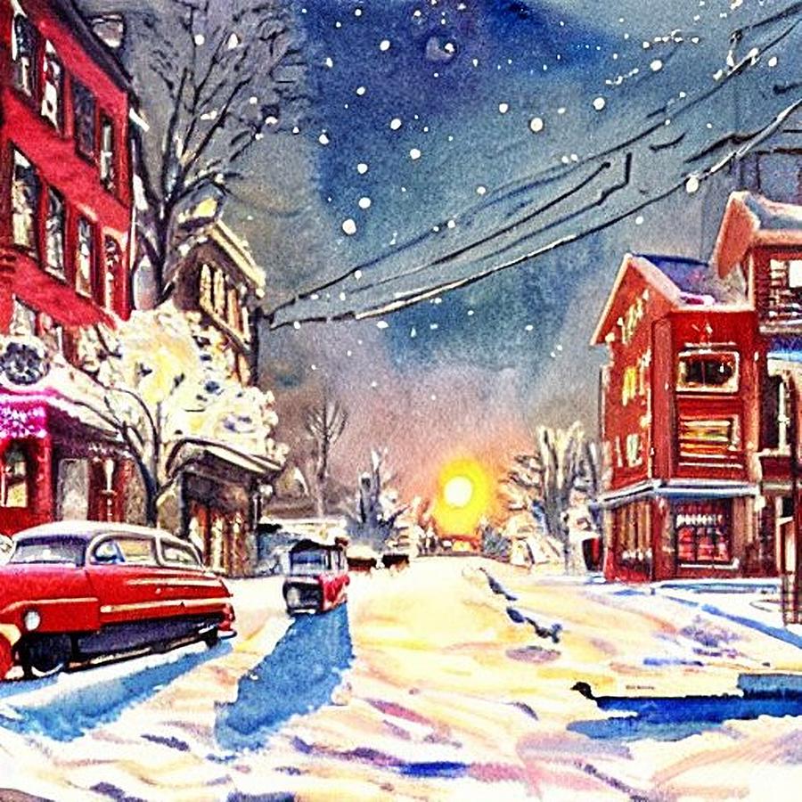 1950s Streetscape in Winter - 2 Painting by Christopher Lotito