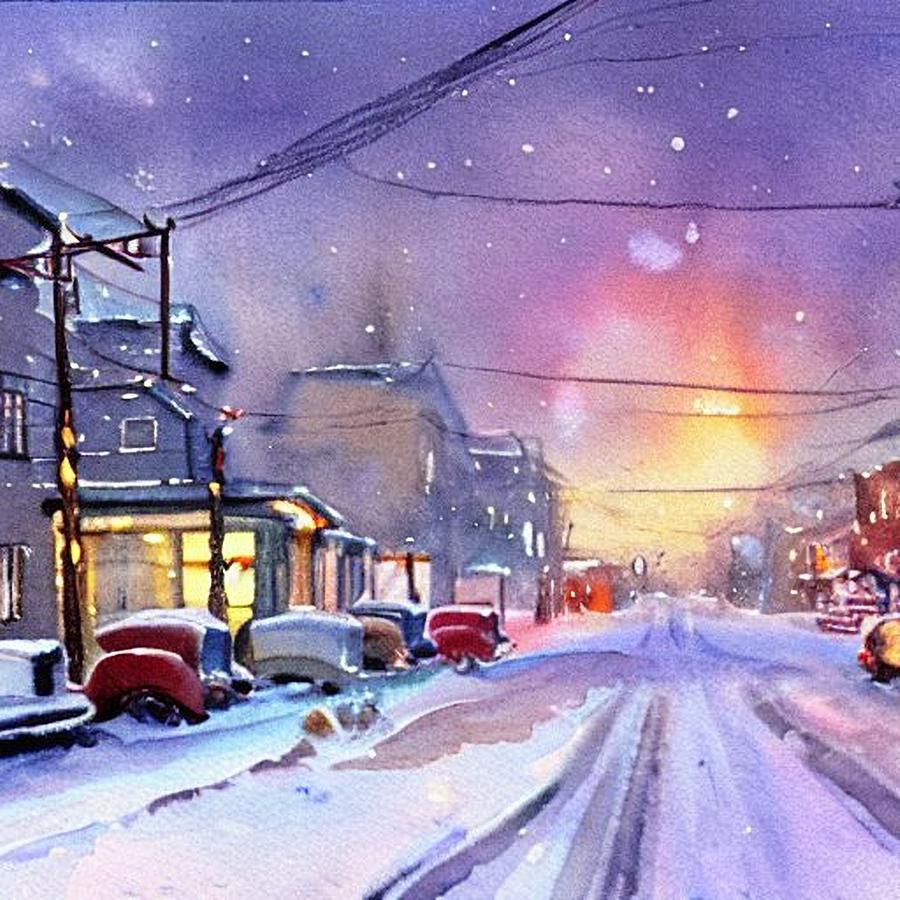 1950s Streetscape in Winter Painting by Christopher Lotito