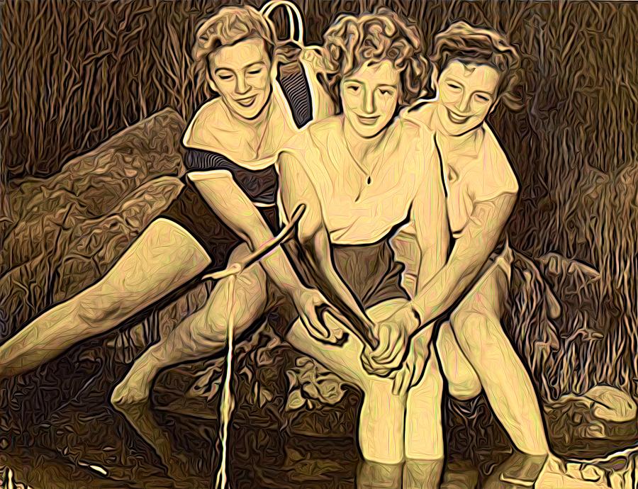 1950s Threes Sisters Fishing For...1of2 Mixed Media by Joan Stratton