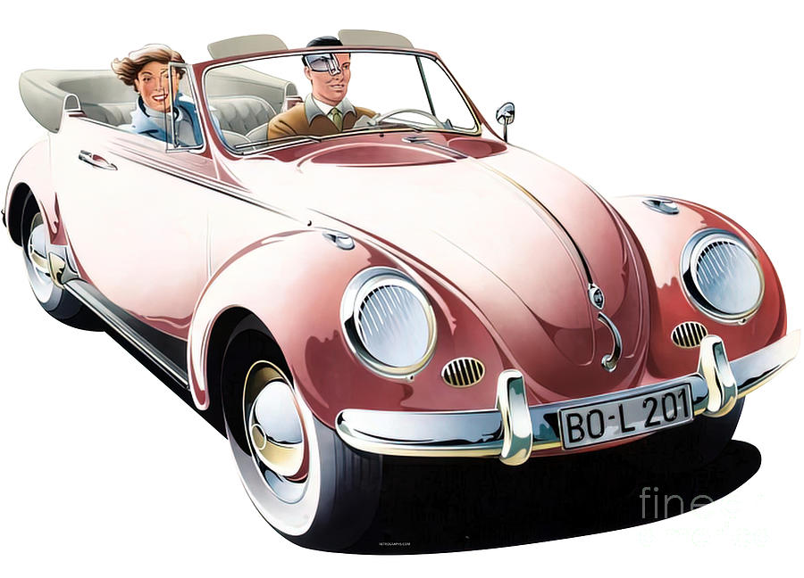 1950s Volkswagen Beetle Convertible advertisement Painting by Bernd Reuters