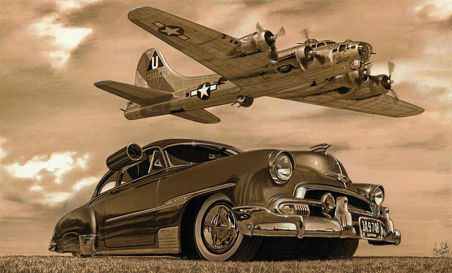 1951 Chevy Deluxe and B17 Bomber Drawing by The Cartist - Clive Botha