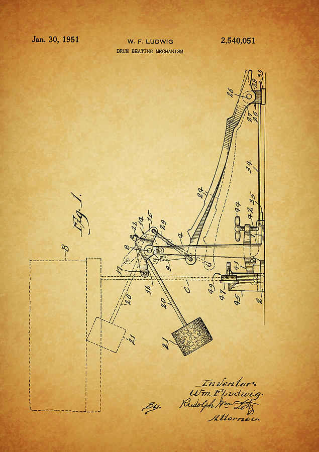 1951 Drum Pedal Drawing by Dan Sproul