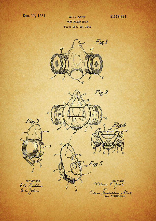 Respirator Drawing - 1951 Respirator Mask Patent by Dan Sproul