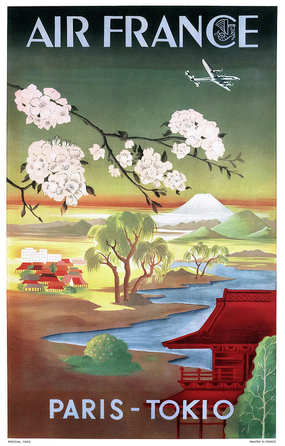 Travel Poster Digital Art - 1952 AIR FRANCE Paris Tokyo Travel Poster by Retro Graphics