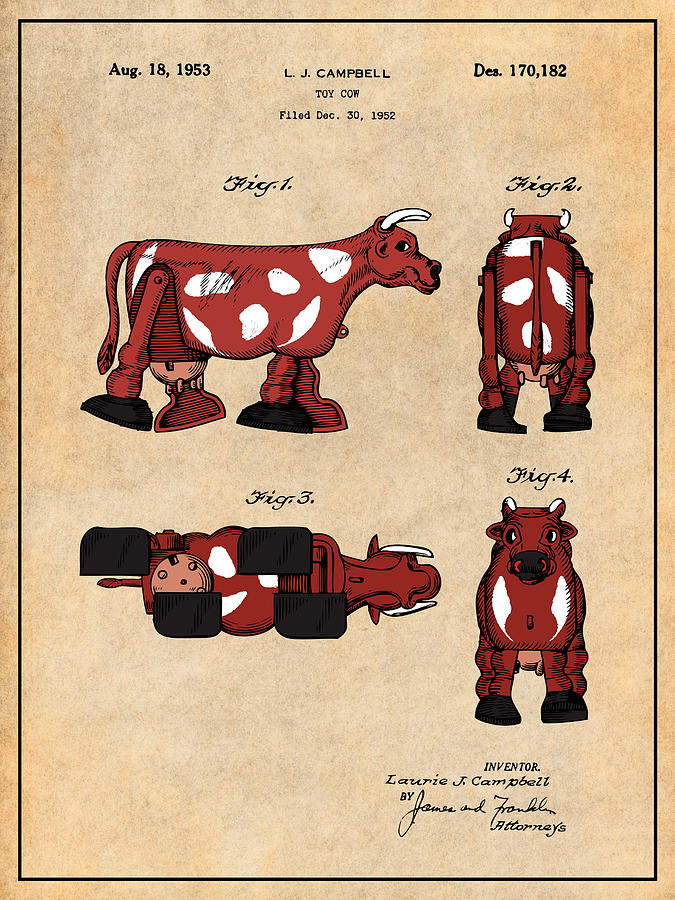 1952 Colorized Louis Marx Toy Cow Patent Print Antique Paper Drawing By Greg Edwards Pixels