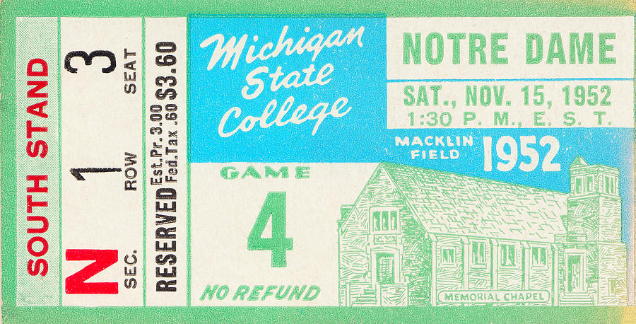 Michigan State University Mixed Media - 1952 Notre Dame vs. Michigan State Football Ticket by Row One Brand
