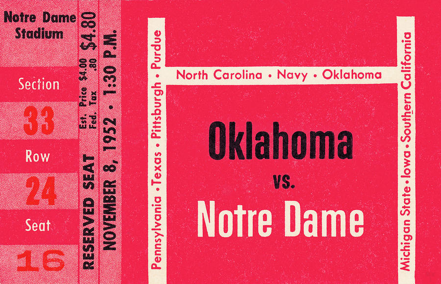 1952 Oklahoma vs. Notre Dame Football Ticket Art Mixed Media by Row One Brand