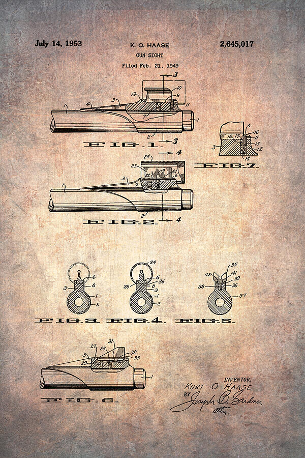 1953 Gun Sight Patent Drawing by Dan Sproul 1953 Gun Sight Patent Drawing by Dan Sproul