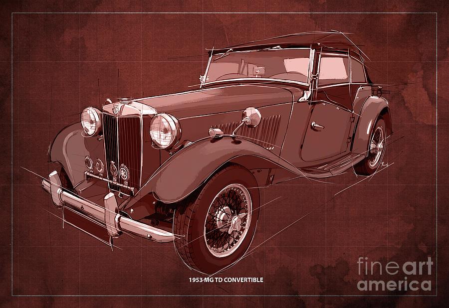 1953 MG TD Convertible Blueprint,Vintage Red Background,Gift for Car ...