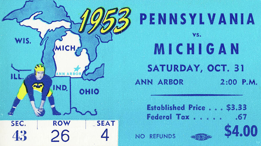 1953 Pennsylvania vs. Michigan Football Ticket Art Mixed Media by Row One Brand
