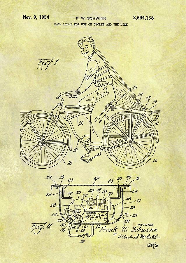 Bicycle Drawing - 1954 Bicycle Taillight Patent by Dan Sproul