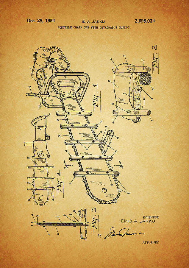 Saw Drawing - 1954 Chainsaw Patent by Dan Sproul