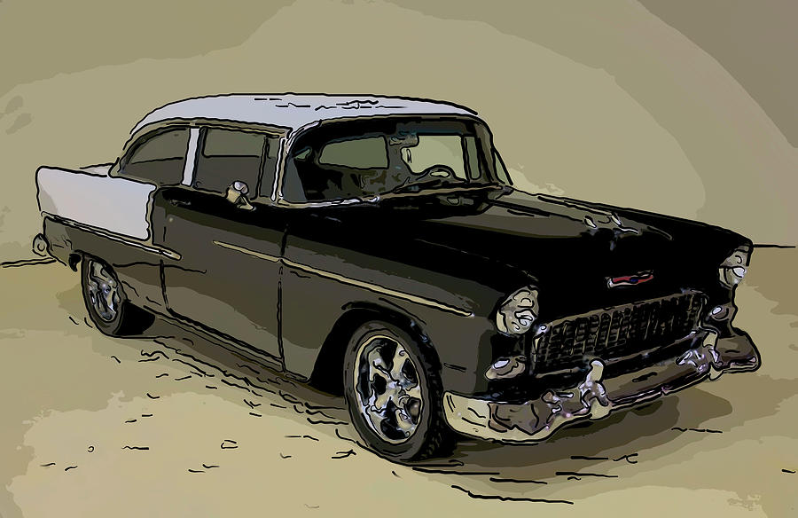 Chevy Drawing - 1955 Chevy Bel Air Black Digital drawing by Flees Photos