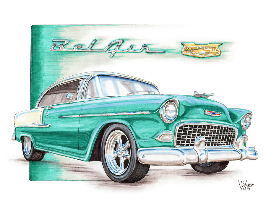 55 Chevy Drawing - 1955 Chevy Bel Air by Shannon Watts