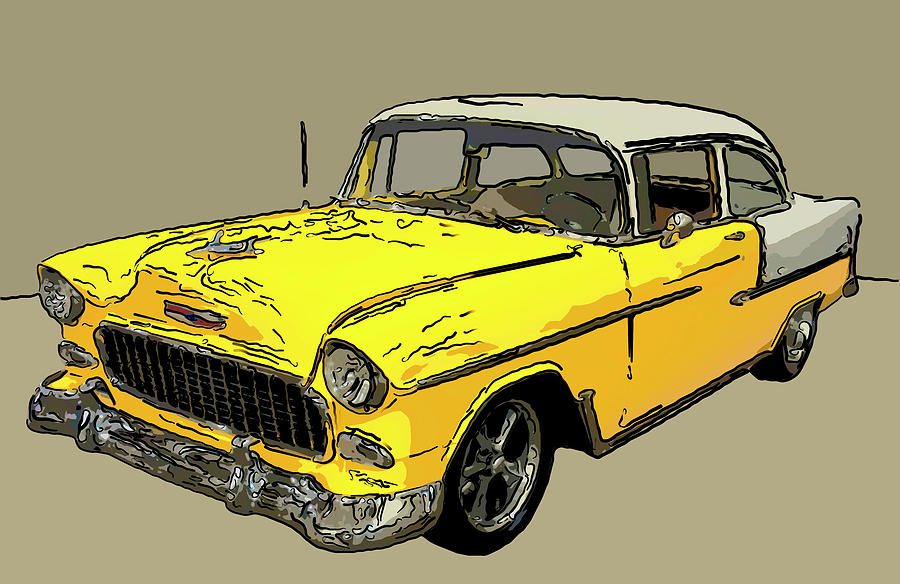 1955 Chevy Bel Air Yellow Digital Drawing Drawing by Flees Photos