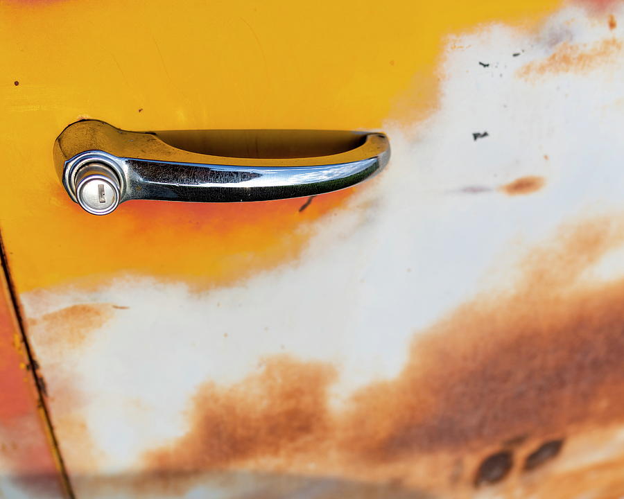 1955 Chevy truck door handle on yellow  Photograph by Art Whitton