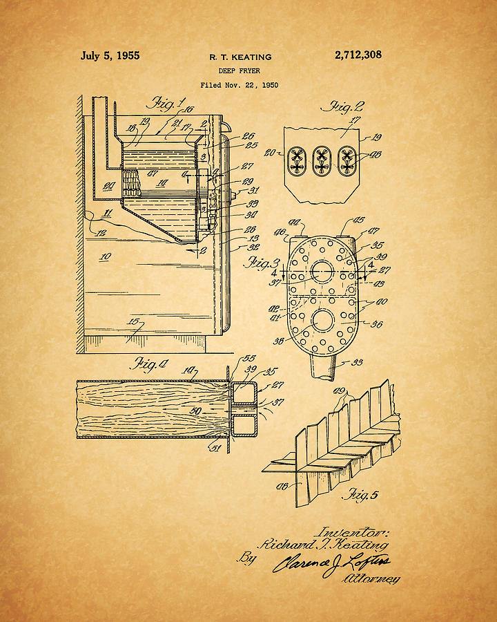 1955 Deep Fryer Patent Drawing by Dan Sproul