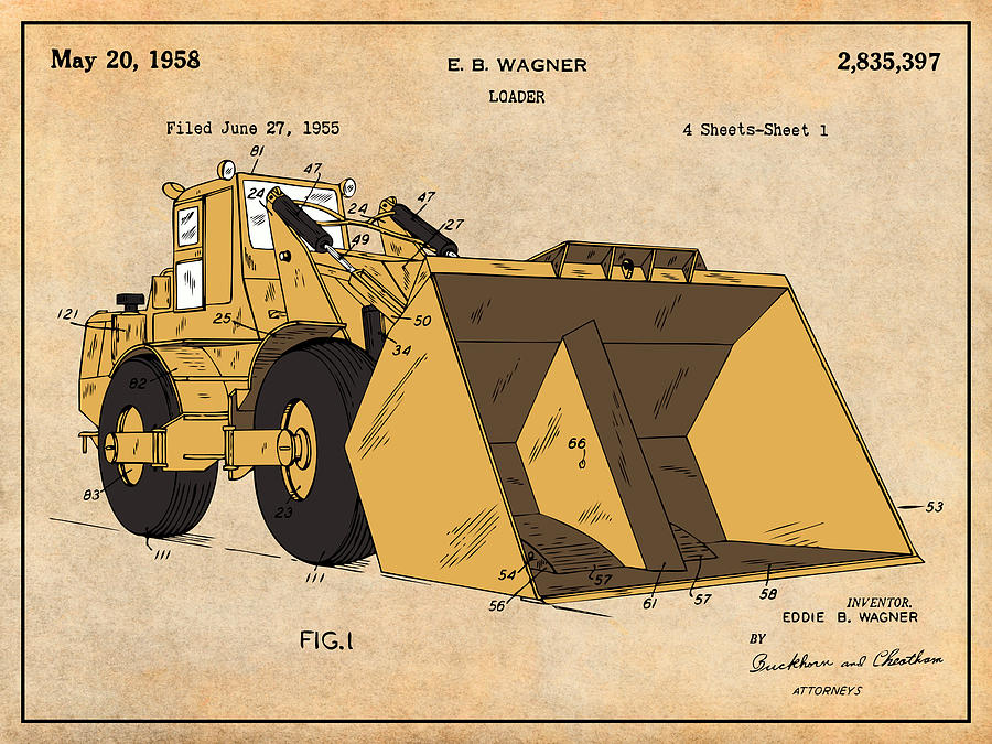 1955 Front End Loader Colorized Patent Print Antique Paper Drawing by Greg Edwards