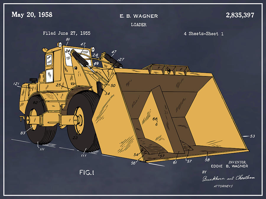 1955 Front End Loader Colorized Patent Print Blackboard Drawing by Greg Edwards