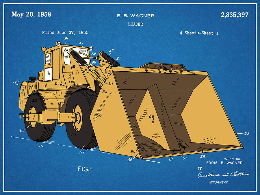 1955 Front End Loader Colorized Patent Print Blueprint Drawing by Greg Edwards