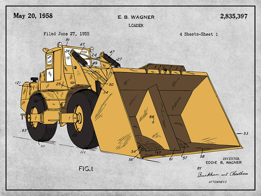 1955 Front End Loader Colorized Patent Print Gray Drawing by Greg Edwards