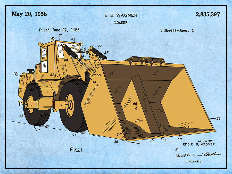 1955 Front End Loader Colorized Patent Print Light Blue Drawing by Greg Edwards