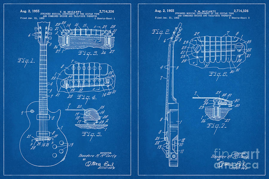 1955 Guitar Patent Drawings Page 1 and 2 Gibson Les Paul Guitar Patent Blueprint Mixed Media by Kithara Studio