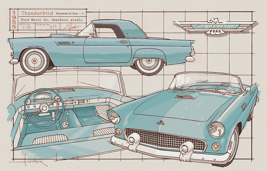 1955 Thunderbird, Blue Drawing by Larry Thor Hunter