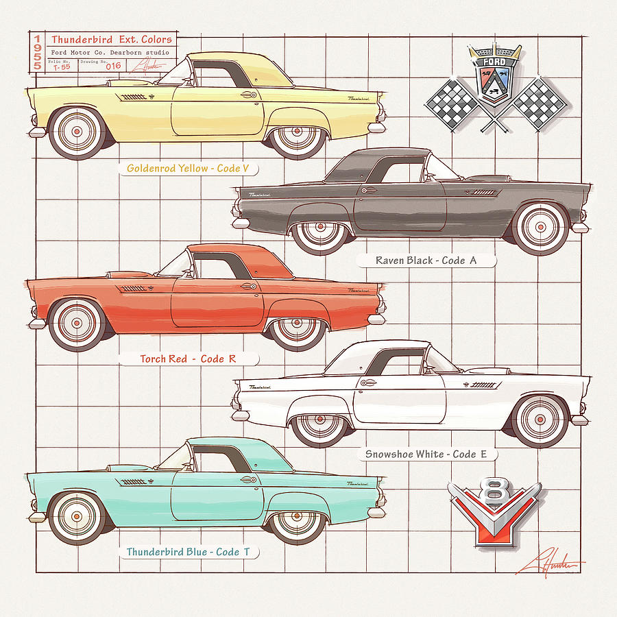 1955 Thunderbird Colors Drawing by Larry Thor Hunter