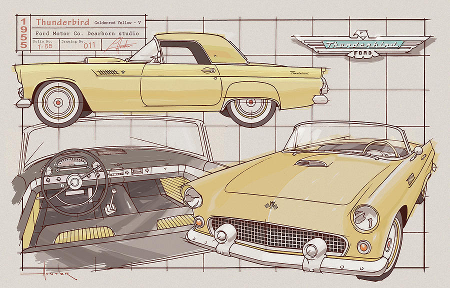 1955 Thunderbird, Goldenrod Yellow Drawing by Larry Thor Hunter