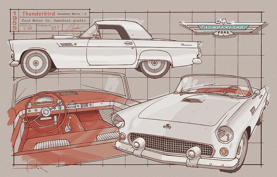 1955 Thunderbird in White Drawing by Larry Thor Hunter