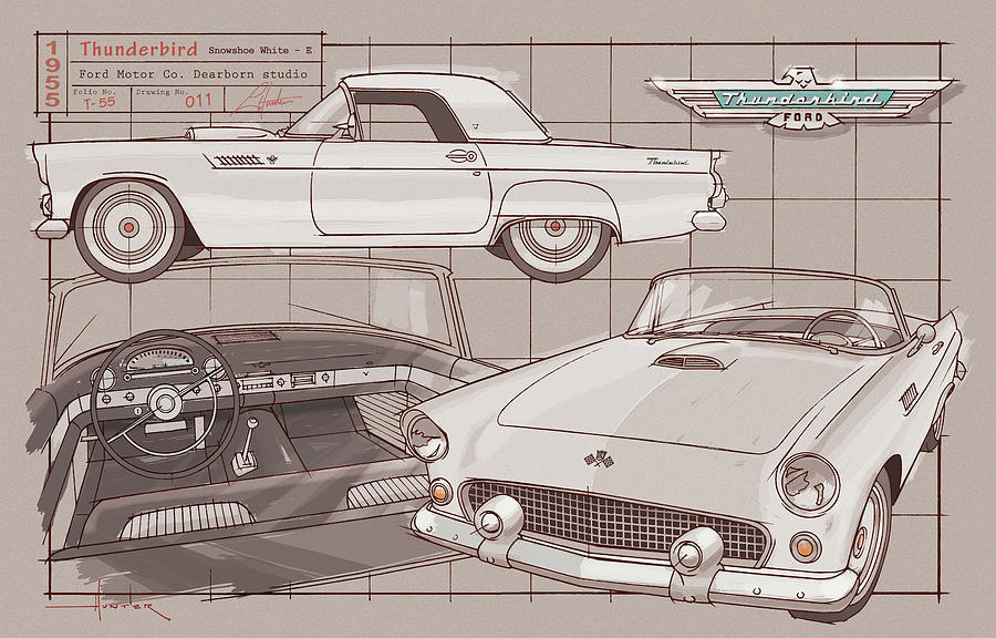 1955 Thunderbird, Snowshoe White Drawing by Larry Thor Hunter